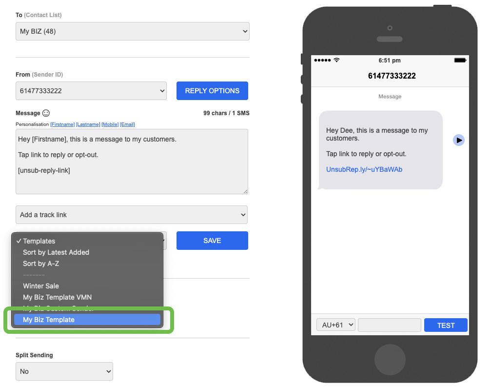 Creating and Saving SMS Templates