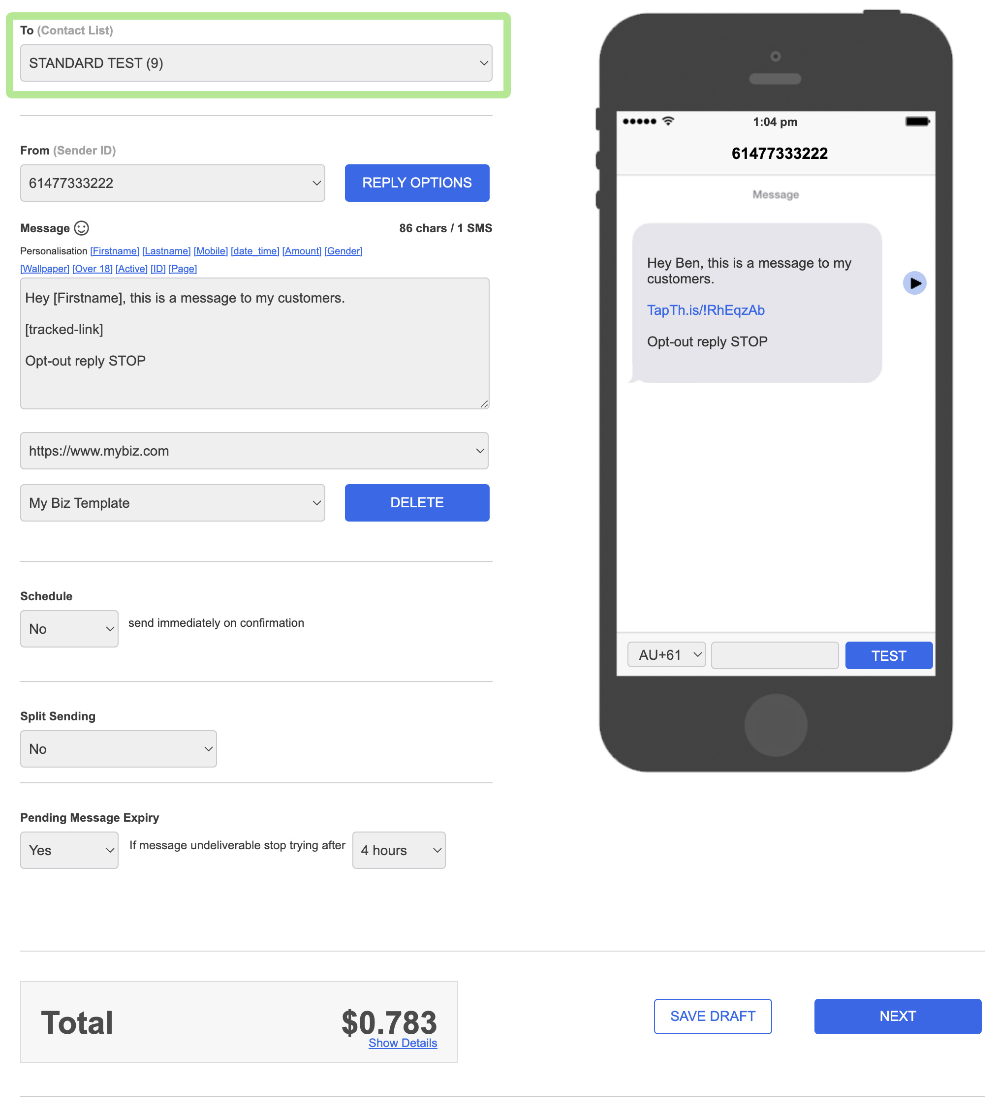 Transmit SMS Support