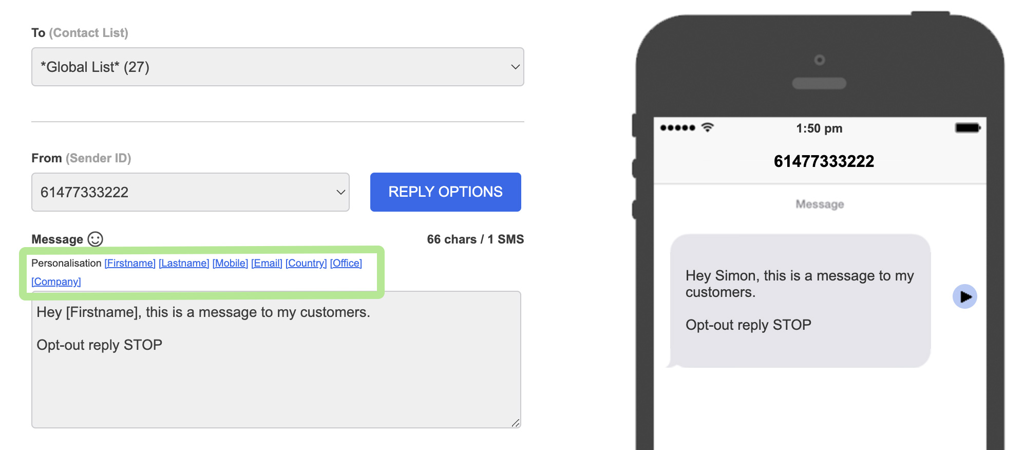 Transmit SMS Support